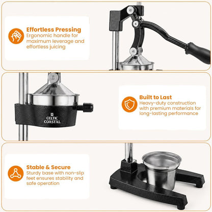 Cast Iron Juicer – Heavy Duty Manual Citrus Press | Hand Juicer Squeezer for Orange, Lemon, Lime, Grapefruit & Pomegranate | Countertop Juice Press with Stainless Steel Cup & Removable Strainer, Black