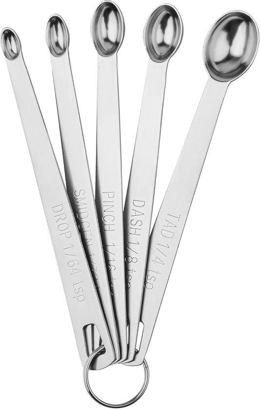 Measuring Spoons Set, Mini Tiny Spoon, Small spoons for Spice Jars, 1/8, 1/16, 1/32, 1/64 Teaspoon Measuring Spoon, 5 Tiny Mini Measuring Spoons, 18/8 Stainless Steel Measuring Spoons