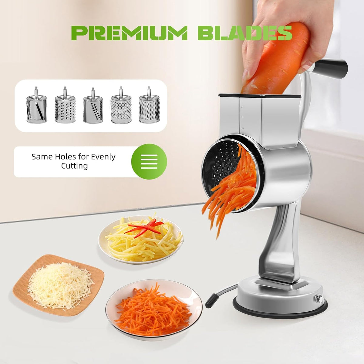 Rotary Cheese Grater,Stainless Steel Hand Drum Slicer Crank with 5 Blades,Multi-function Stainless Steel Vegetable Chopper Cutter