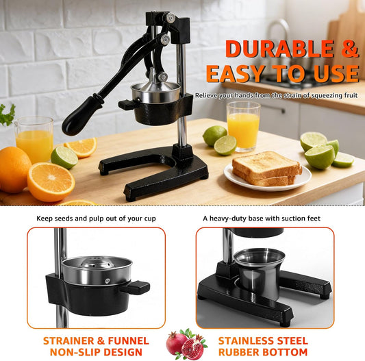 Manual Fruit Juicer Hand Press Citrus Squeezer for Home | 304 stainless steel cast iron juicer , dishwasher safe . Fresh juice extractor for orange & lemon .