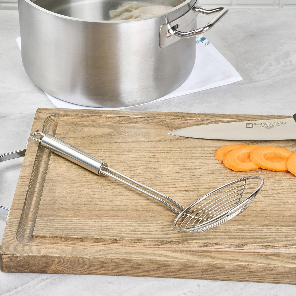 Stainless Steel Spider Skimmer - German Standard Wire Skimmer with Ergonomic Handle, Dishwasher Safe - Wire Strainer Pasta Spoon for Cooking & Frying