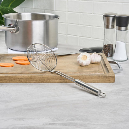 Stainless Steel Spider Skimmer - German Standard Wire Skimmer with Ergonomic Handle, Dishwasher Safe - Wire Strainer Pasta Spoon for Cooking & Frying