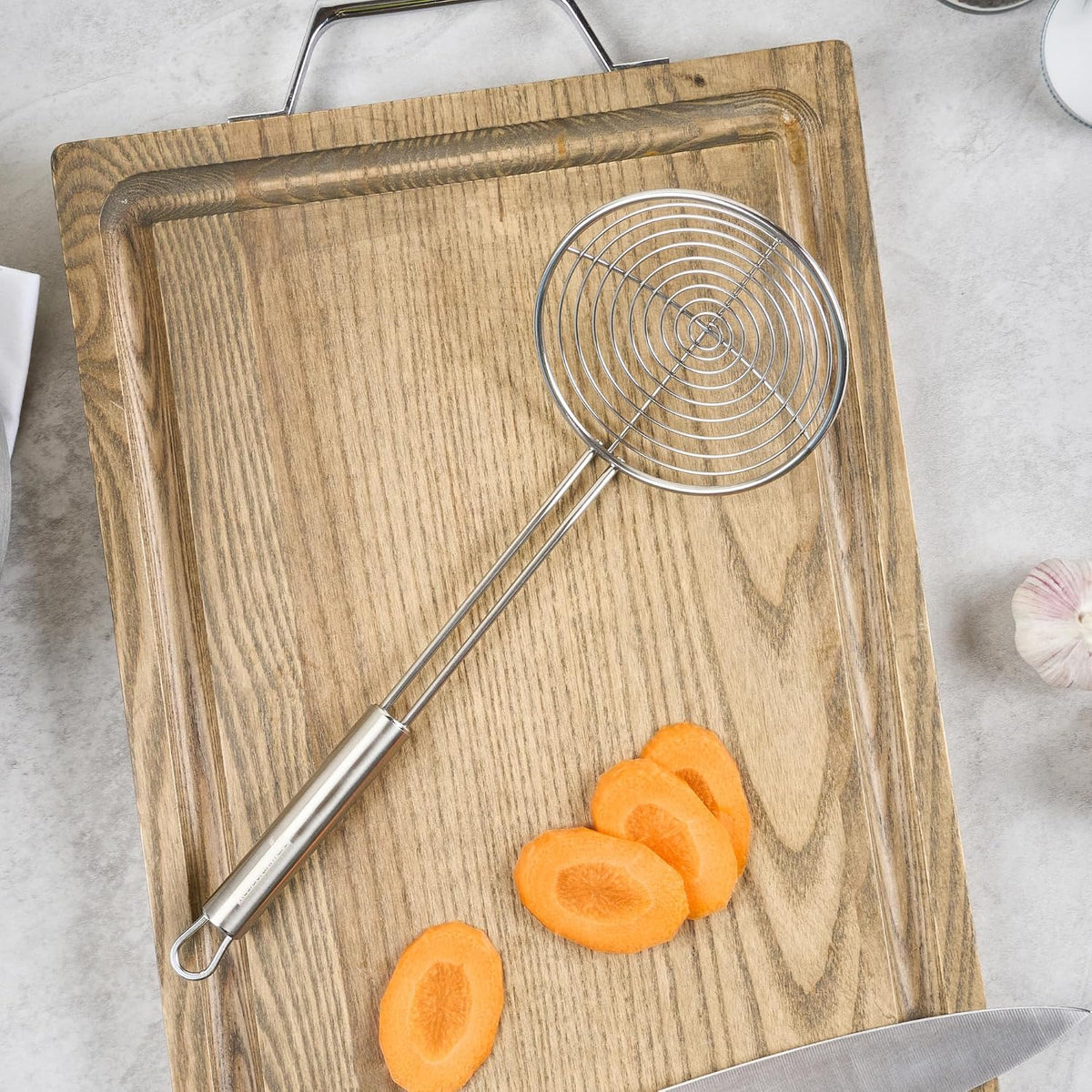 Stainless Steel Spider Skimmer - German Standard Wire Skimmer with Ergonomic Handle, Dishwasher Safe - Wire Strainer Pasta Spoon for Cooking & Frying