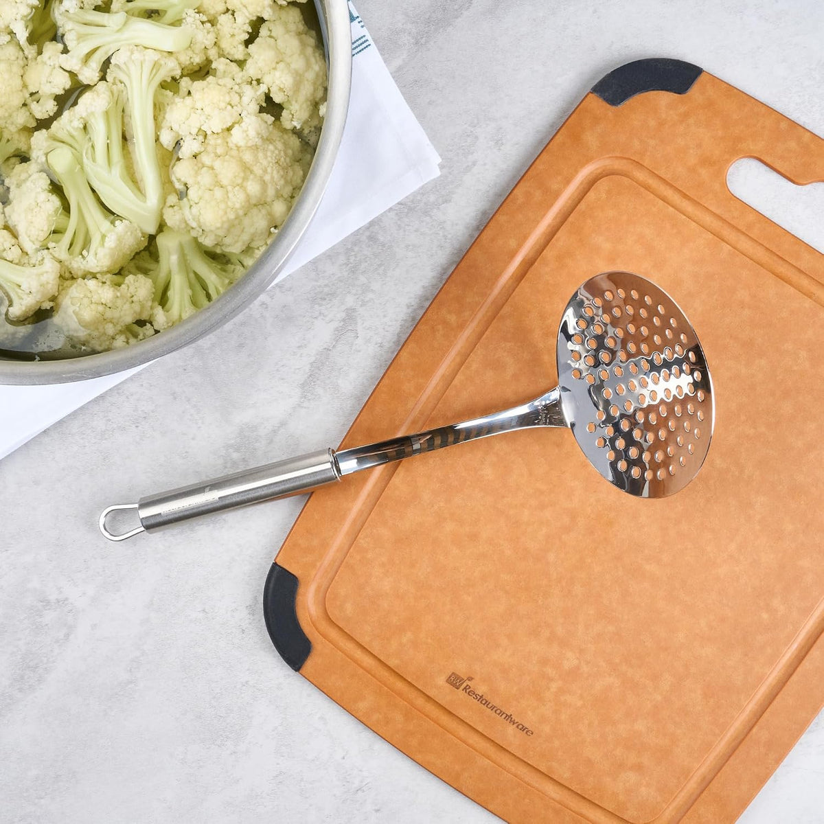Stainless Steel Spider Skimmer - German Standard Wire Skimmer with Ergonomic Handle, Dishwasher Safe - Wire Strainer Pasta Spoon for Cooking & Frying