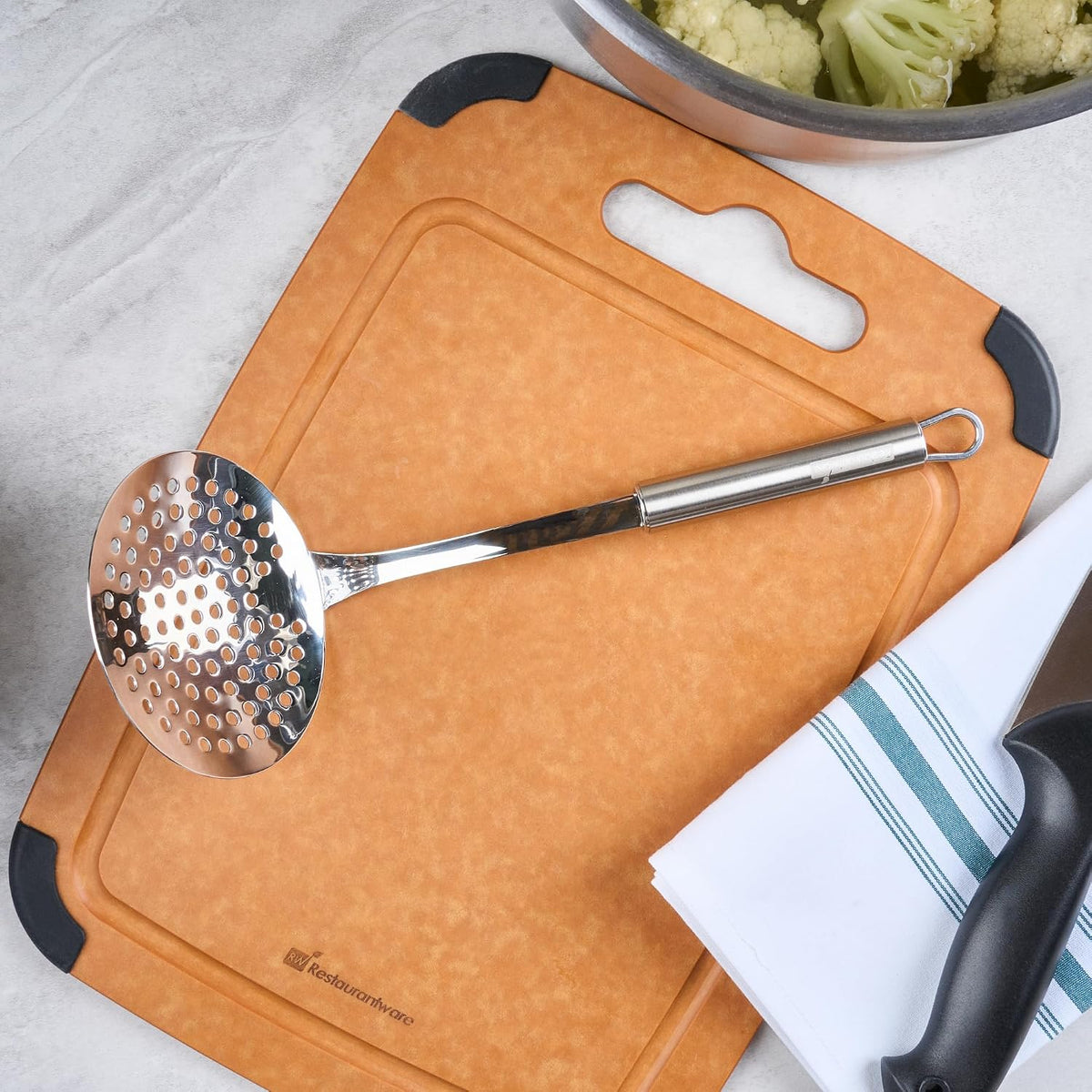 Stainless Steel Spider Skimmer - German Standard Wire Skimmer with Ergonomic Handle, Dishwasher Safe - Wire Strainer Pasta Spoon for Cooking & Frying