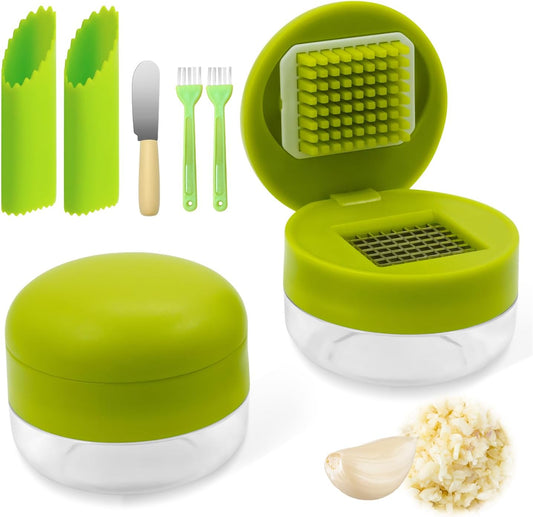 2 Pcs Garlic Press Stainless Steel,Mini Garlic Chopper,with Peeler，Cleaning Brush and Scrapers