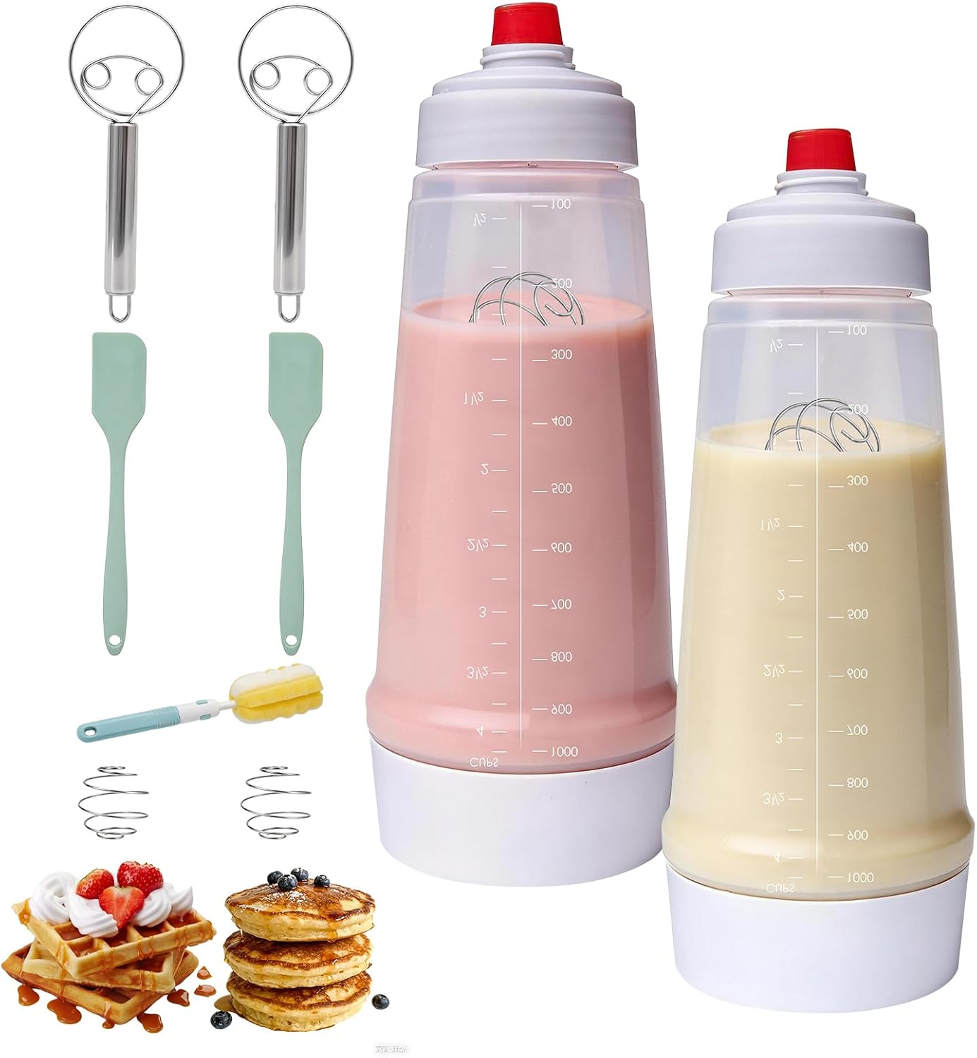 Pancake Batter Dispenser Bottle Kit with 7 Accessories, 2 Pack 34oz | Silicone Pancake Squeeze Mixer Bottle with Whisk Ball and Stand Base, BPA Free Shaker Bottles for Cupcakes Muffins Waffle