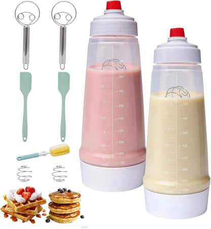 Pancake Batter Dispenser Bottle Kit with 7 Accessories, 2 Pack 34oz | Silicone Pancake Squeeze Mixer Bottle with Whisk Ball and Stand Base, BPA Free Shaker Bottles for Cupcakes Muffins Waffle