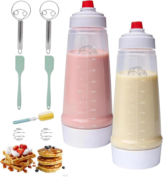 Pancake Batter Dispenser Bottle Kit with 7 Accessories, 2 Pack 34oz | Silicone Pancake Squeeze Mixer Bottle with Whisk Ball and Stand Base, BPA Free Shaker Bottles for Cupcakes Muffins Waffle
