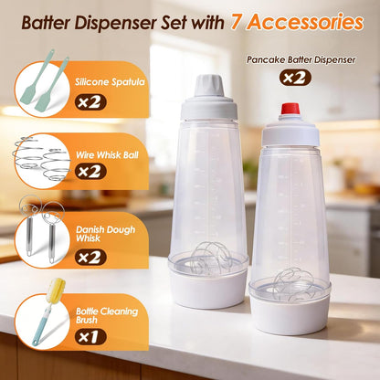 Pancake Batter Dispenser Bottle Kit with 7 Accessories, 2 Pack 34oz | Silicone Pancake Squeeze Mixer Bottle with Whisk Ball and Stand Base, BPA Free Shaker Bottles for Cupcakes Muffins Waffle