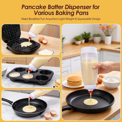 Pancake Batter Dispenser Bottle Kit with 7 Accessories, 2 Pack 34oz | Silicone Pancake Squeeze Mixer Bottle with Whisk Ball and Stand Base, BPA Free Shaker Bottles for Cupcakes Muffins Waffle