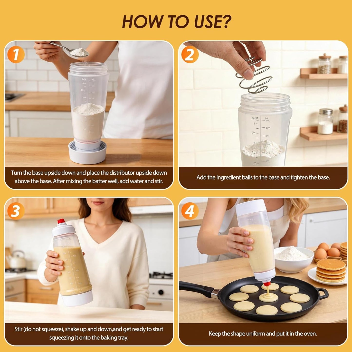Pancake Batter Dispenser Bottle Kit with 7 Accessories, 2 Pack 34oz | Silicone Pancake Squeeze Mixer Bottle with Whisk Ball and Stand Base, BPA Free Shaker Bottles for Cupcakes Muffins Waffle