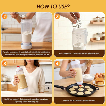 Pancake Batter Dispenser Bottle Kit with 7 Accessories, 2 Pack 34oz | Silicone Pancake Squeeze Mixer Bottle with Whisk Ball and Stand Base, BPA Free Shaker Bottles for Cupcakes Muffins Waffle
