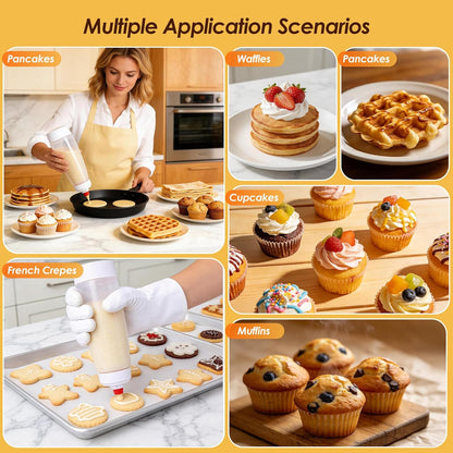 Pancake Batter Dispenser Bottle Kit with 7 Accessories, 2 Pack 34oz | Silicone Pancake Squeeze Mixer Bottle with Whisk Ball and Stand Base, BPA Free Shaker Bottles for Cupcakes Muffins Waffle