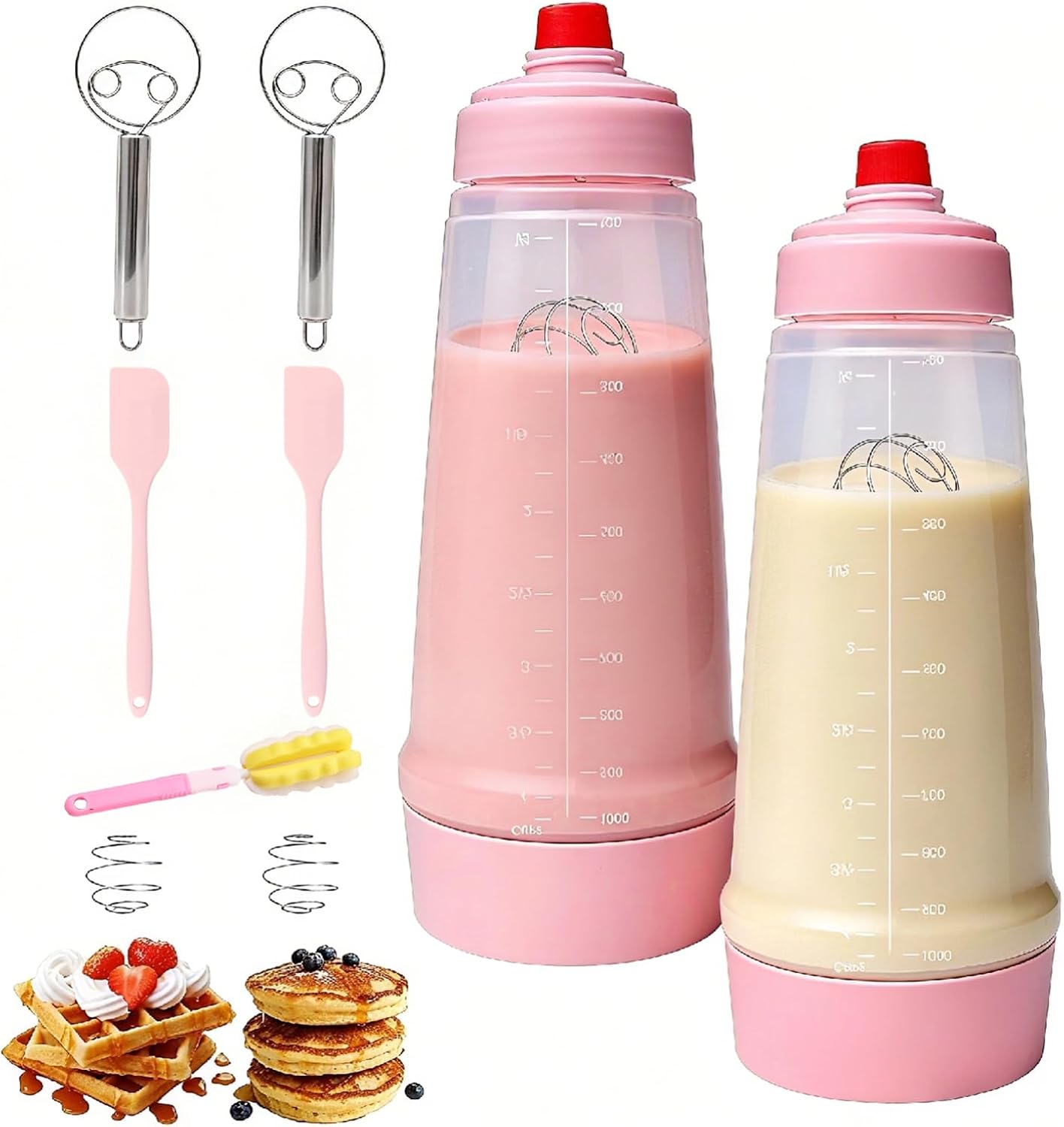 Pancake Batter Dispenser Bottle Kit with 7 Accessories, 2 Pack 34oz | Silicone Pancake Squeeze Mixer Bottle with Whisk Ball and Stand Base, BPA Free Shaker Bottles for Cupcakes Muffins Waffle