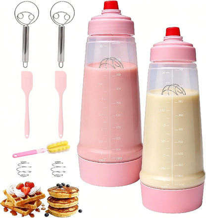 Pancake Batter Dispenser Bottle Kit with 7 Accessories, 2 Pack 34oz | Silicone Pancake Squeeze Mixer Bottle with Whisk Ball and Stand Base, BPA Free Shaker Bottles for Cupcakes Muffins Waffle