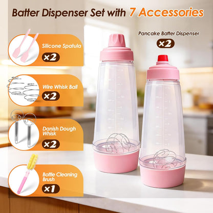 Pancake Batter Dispenser Bottle Kit with 7 Accessories, 2 Pack 34oz | Silicone Pancake Squeeze Mixer Bottle with Whisk Ball and Stand Base, BPA Free Shaker Bottles for Cupcakes Muffins Waffle