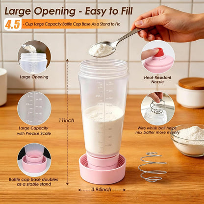 Pancake Batter Dispenser Bottle Kit with 7 Accessories, 2 Pack 34oz | Silicone Pancake Squeeze Mixer Bottle with Whisk Ball and Stand Base, BPA Free Shaker Bottles for Cupcakes Muffins Waffle