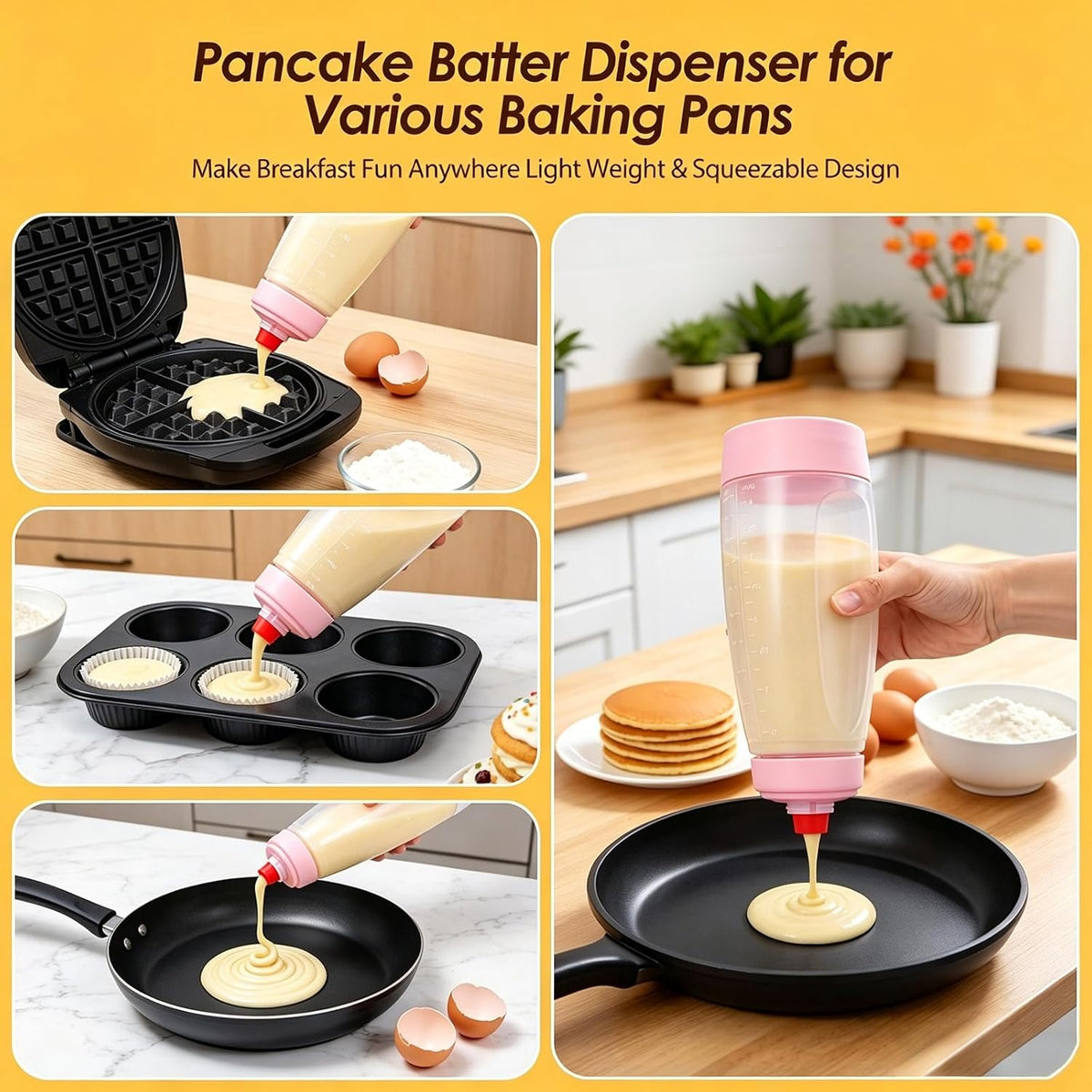Pancake Batter Dispenser Bottle Kit with 7 Accessories, 2 Pack 34oz | Silicone Pancake Squeeze Mixer Bottle with Whisk Ball and Stand Base, BPA Free Shaker Bottles for Cupcakes Muffins Waffle
