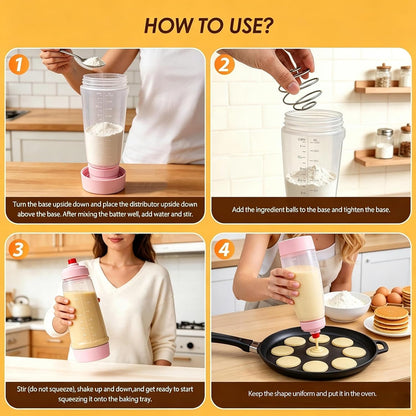 Pancake Batter Dispenser Bottle Kit with 7 Accessories, 2 Pack 34oz | Silicone Pancake Squeeze Mixer Bottle with Whisk Ball and Stand Base, BPA Free Shaker Bottles for Cupcakes Muffins Waffle