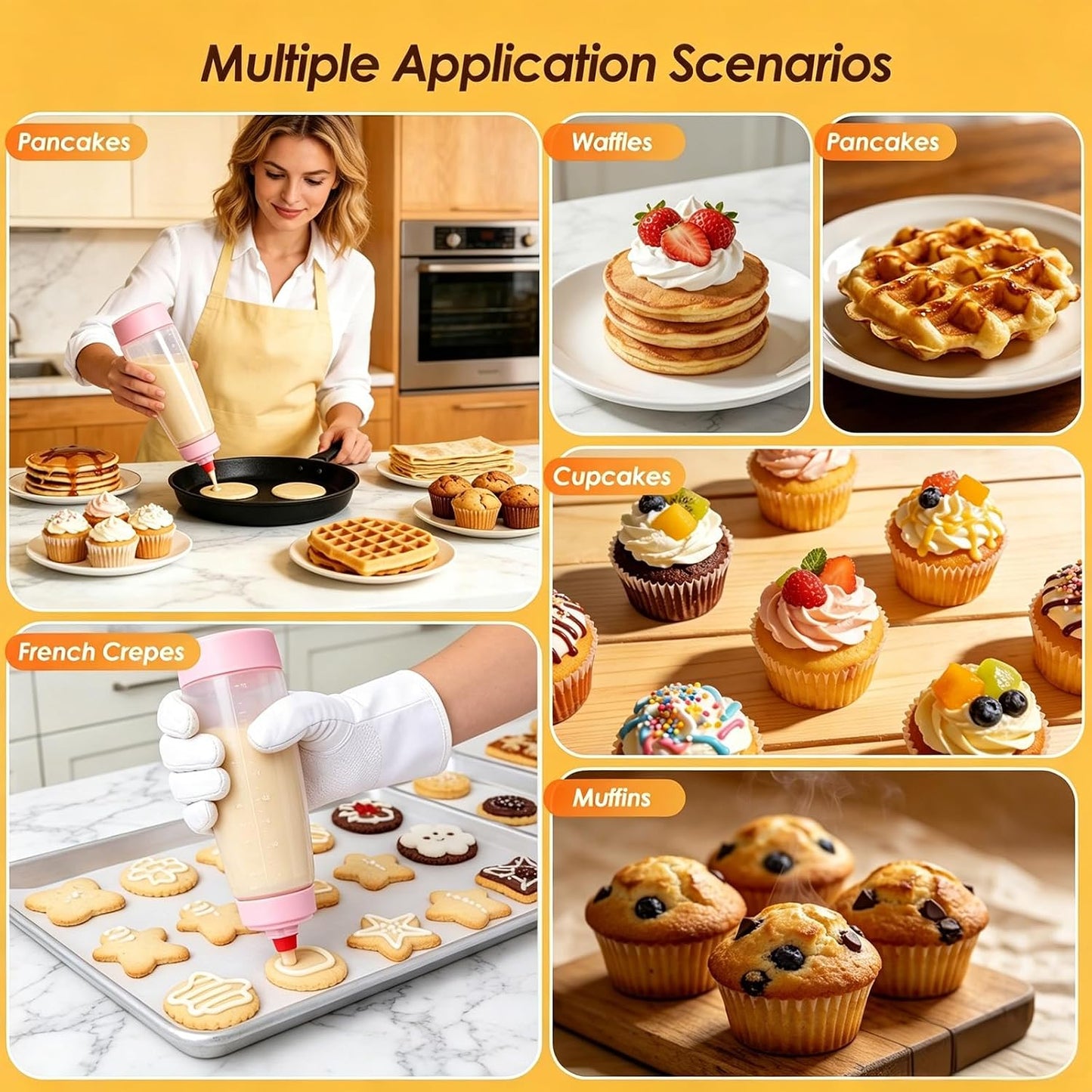 Pancake Batter Dispenser Bottle Kit with 7 Accessories, 2 Pack 34oz | Silicone Pancake Squeeze Mixer Bottle with Whisk Ball and Stand Base, BPA Free Shaker Bottles for Cupcakes Muffins Waffle