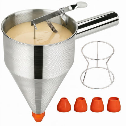 40oz Stainless Steel Pancake Batter Dispenser with Squeeze Handle & Stand, Multi-Nozzle Funnel Cake Dispenser for Pancakes, Cupcakes, Muffins, Waffles & Baking - Precise Control