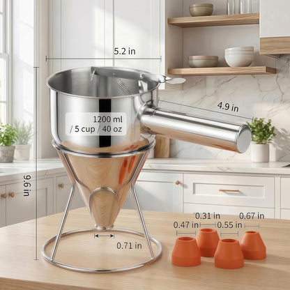 40oz Stainless Steel Pancake Batter Dispenser with Squeeze Handle & Stand, Multi-Nozzle Funnel Cake Dispenser for Pancakes, Cupcakes, Muffins, Waffles & Baking - Precise Control
