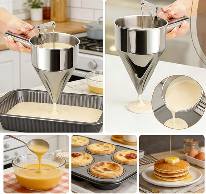 40oz Stainless Steel Pancake Batter Dispenser with Squeeze Handle & Stand, Multi-Nozzle Funnel Cake Dispenser for Pancakes, Cupcakes, Muffins, Waffles & Baking - Precise Control