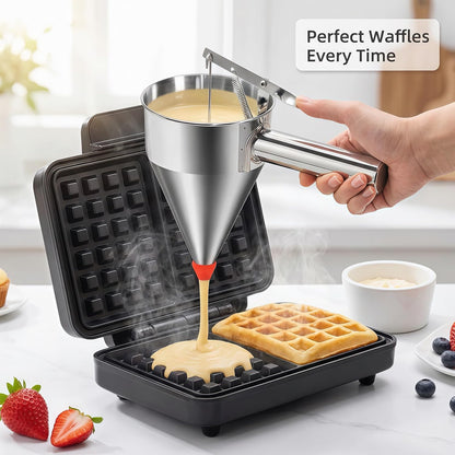 40oz Stainless Steel Pancake Batter Dispenser with Squeeze Handle & Stand, Multi-Nozzle Funnel Cake Dispenser for Pancakes, Cupcakes, Muffins, Waffles & Baking - Precise Control