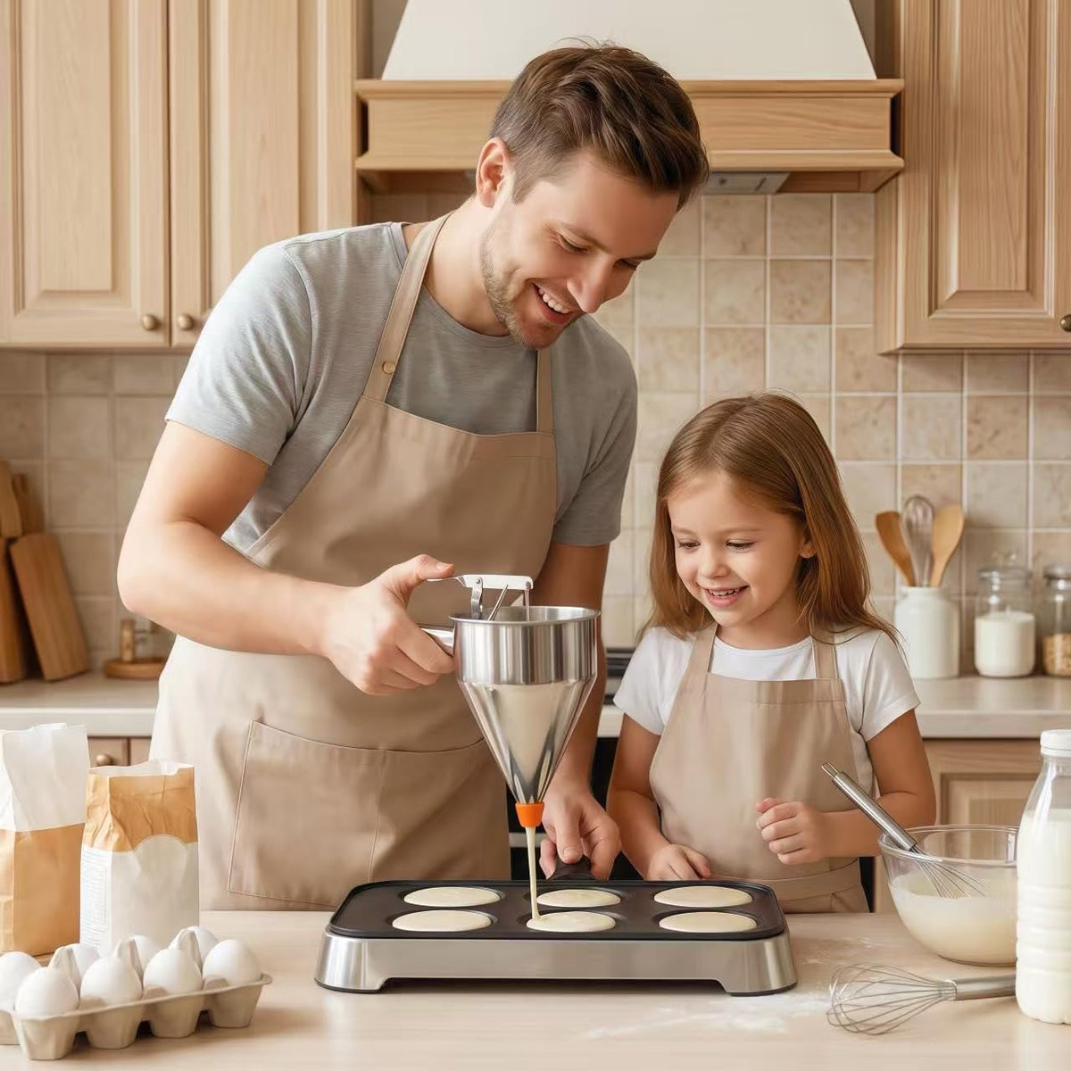 40oz Stainless Steel Pancake Batter Dispenser with Squeeze Handle & Stand, Multi-Nozzle Funnel Cake Dispenser for Pancakes, Cupcakes, Muffins, Waffles & Baking - Precise Control