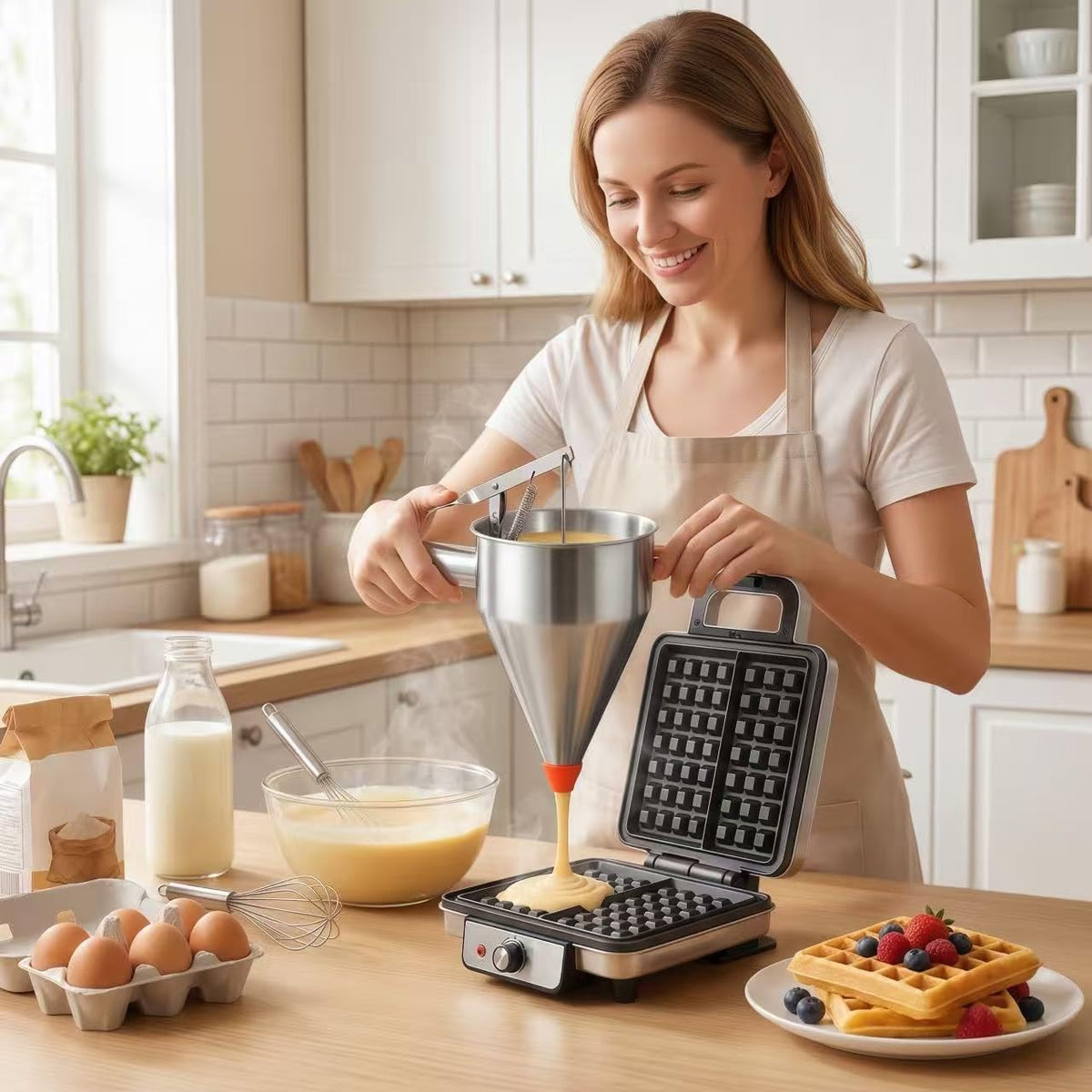 40oz Stainless Steel Pancake Batter Dispenser with Squeeze Handle & Stand, Multi-Nozzle Funnel Cake Dispenser for Pancakes, Cupcakes, Muffins, Waffles & Baking - Precise Control