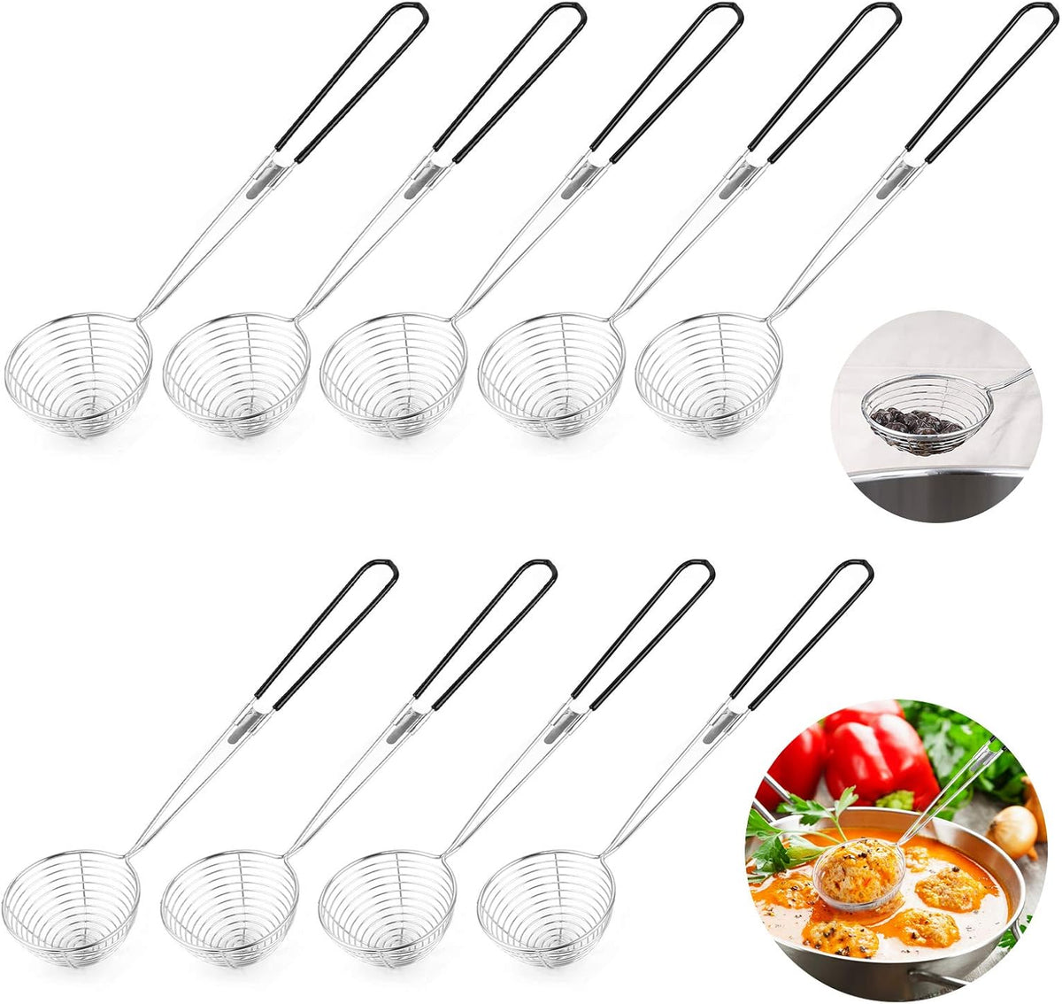 9 Pieces Stainless Steel Spider Strainer Spoon Small Wire Skimmer Colander with Handle for Hot Pot, Tortellini and Meatball