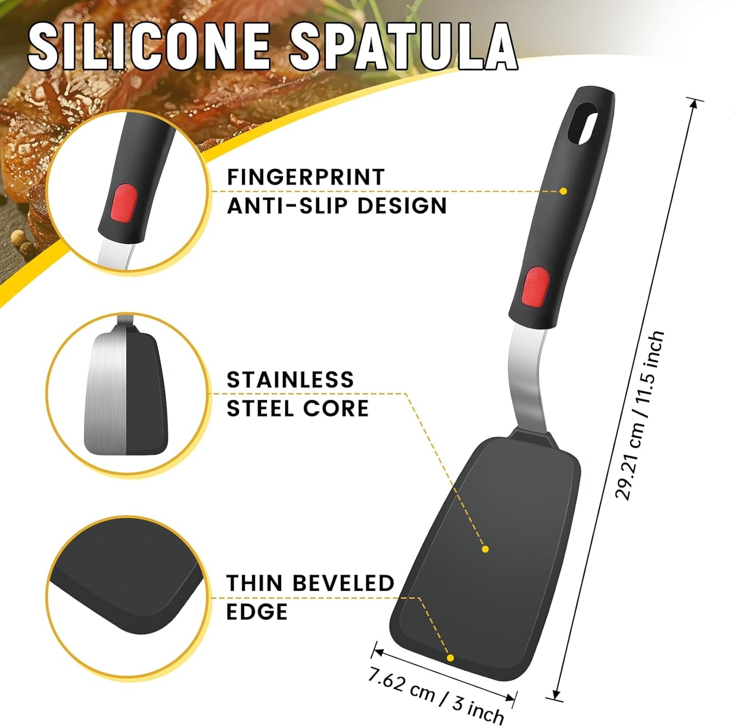 Silicone Spatula Set, Heat Resistant Solid & Slotted Turner for Non-Stick Pans, Silicone Cooking Utensils Set, BPA-Free, Flexible Spatula Turner for Flipping Eggs, Burgers, Pancakes, Black, 3 PCS-A