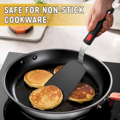 Silicone Spatula Set, Heat Resistant Solid & Slotted Turner for Non-Stick Pans, Silicone Cooking Utensils Set, BPA-Free, Flexible Spatula Turner for Flipping Eggs, Burgers, Pancakes, Black, 3 PCS-A