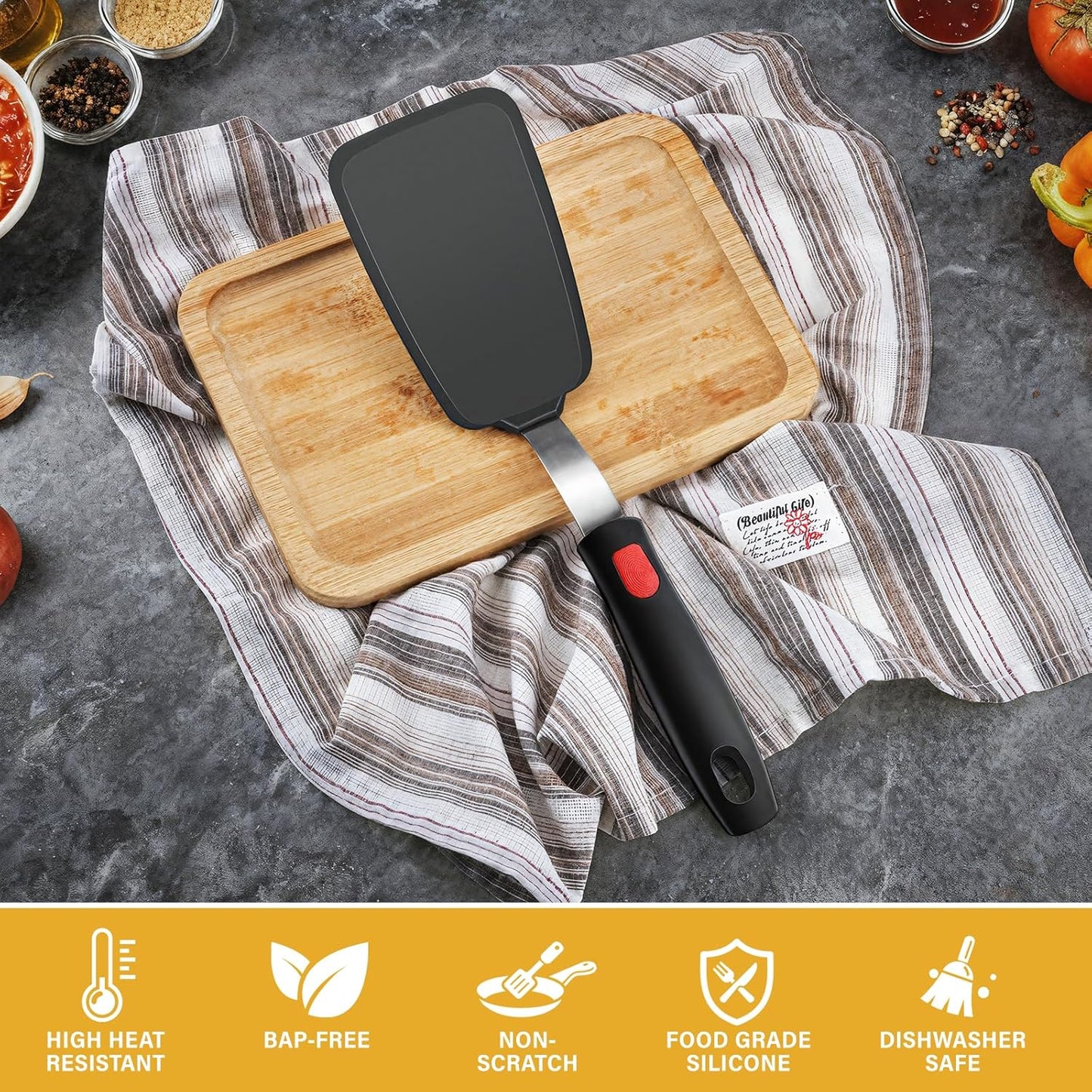 Silicone Spatula Set, Heat Resistant Solid & Slotted Turner for Non-Stick Pans, Silicone Cooking Utensils Set, BPA-Free, Flexible Spatula Turner for Flipping Eggs, Burgers, Pancakes, Black, 3 PCS-A