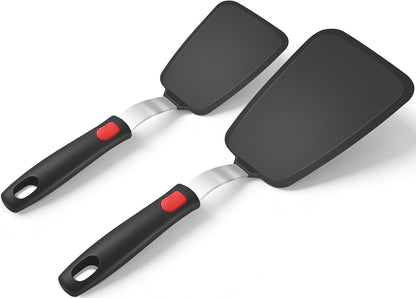 Silicone Spatula Set, Heat Resistant Solid & Slotted Turner for Non-Stick Pans, Silicone Cooking Utensils Set, BPA-Free, Flexible Spatula Turner for Flipping Eggs, Burgers, Pancakes, Black, 3 PCS-A