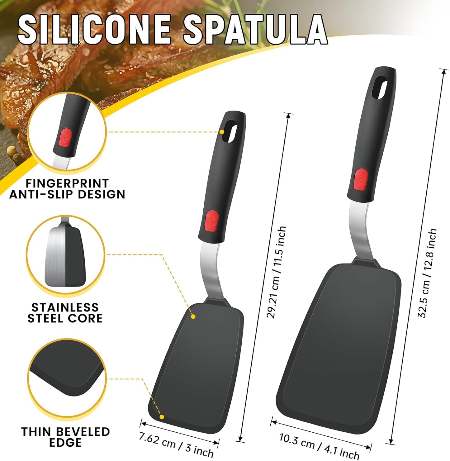 Silicone Spatula Set, Heat Resistant Solid & Slotted Turner for Non-Stick Pans, Silicone Cooking Utensils Set, BPA-Free, Flexible Spatula Turner for Flipping Eggs, Burgers, Pancakes, Black, 3 PCS-A