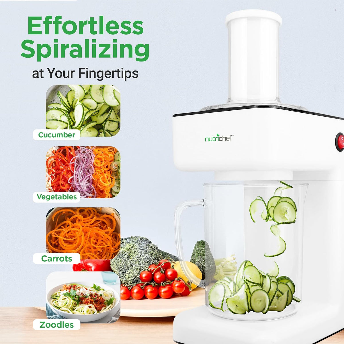NutriChef 3-in-1 Electric Vegetable Chopper, Spiralizer, and Salad Maker - Fruit Cutter, Spiral Shredder Machine, Veggie Spaghetti & Noodle Maker | Includes Food Plunger & 1.2L Bowl