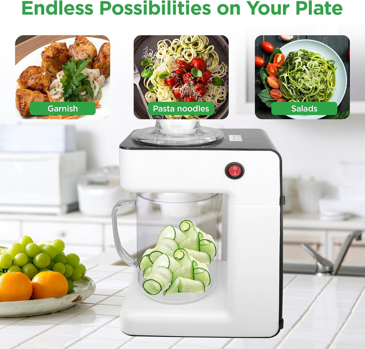 NutriChef 3-in-1 Electric Vegetable Chopper, Spiralizer, and Salad Maker - Fruit Cutter, Spiral Shredder Machine, Veggie Spaghetti & Noodle Maker | Includes Food Plunger & 1.2L Bowl
