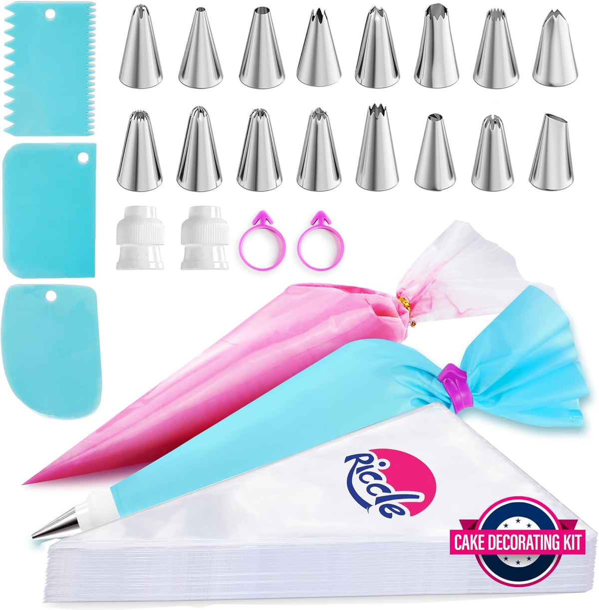 Piping Bags and Tips Set, 11.8 Inch 100 Anti Burst Piping Bags, 124 Pcs Cake Decorating Kit with 16 Piping Tips, 1 Reusable Pastry Bags, 3 Cake Scrapers, 2 Couplers, and 2 Icing Bags Ties