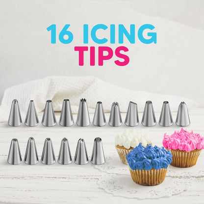 Piping Bags and Tips Set, 11.8 Inch 100 Anti Burst Piping Bags, 124 Pcs Cake Decorating Kit with 16 Piping Tips, 1 Reusable Pastry Bags, 3 Cake Scrapers, 2 Couplers, and 2 Icing Bags Ties