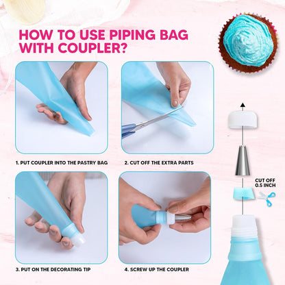 Piping Bags and Tips Set, 11.8 Inch 100 Anti Burst Piping Bags, 124 Pcs Cake Decorating Kit with 16 Piping Tips, 1 Reusable Pastry Bags, 3 Cake Scrapers, 2 Couplers, and 2 Icing Bags Ties