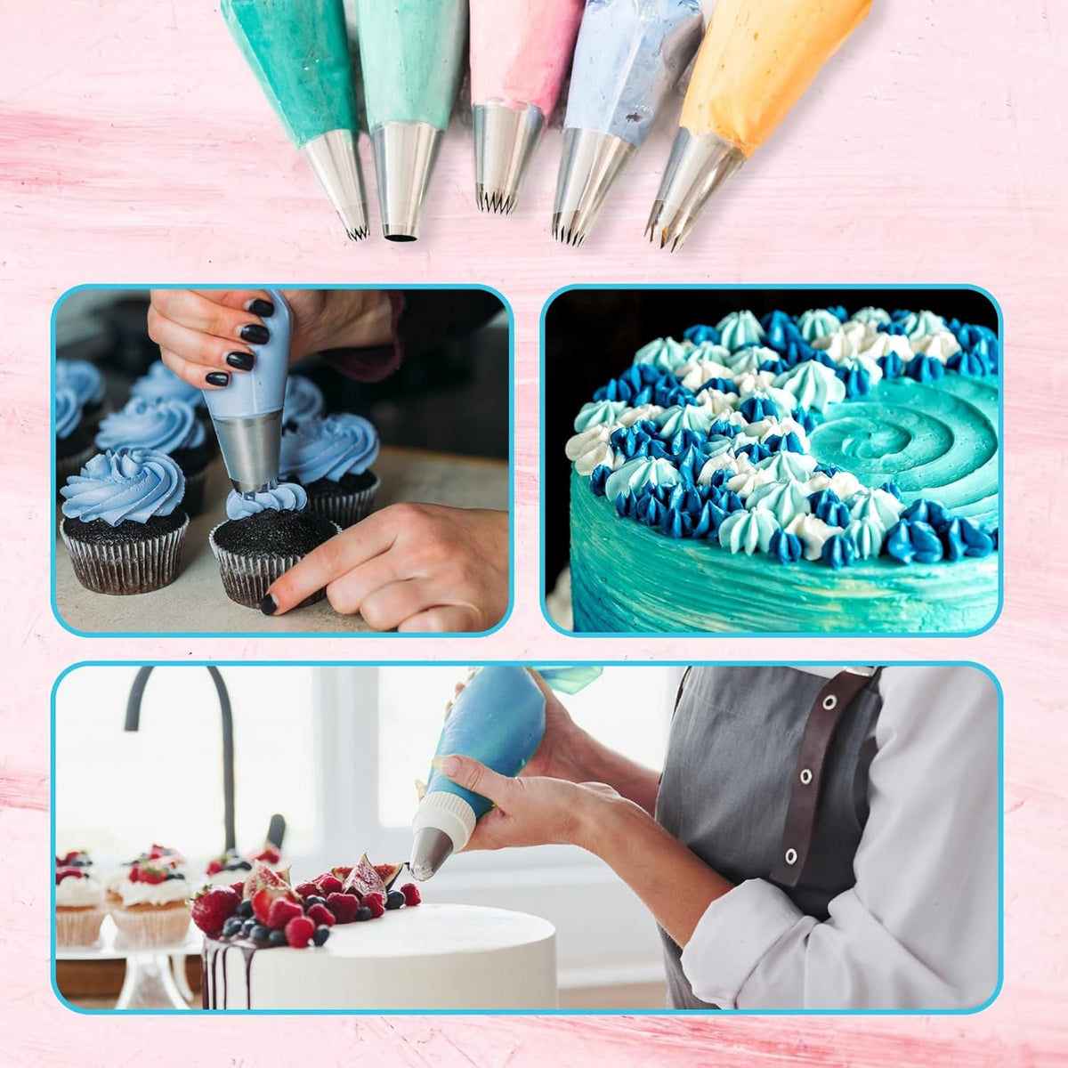 Piping Bags and Tips Set, 11.8 Inch 100 Anti Burst Piping Bags, 124 Pcs Cake Decorating Kit with 16 Piping Tips, 1 Reusable Pastry Bags, 3 Cake Scrapers, 2 Couplers, and 2 Icing Bags Ties