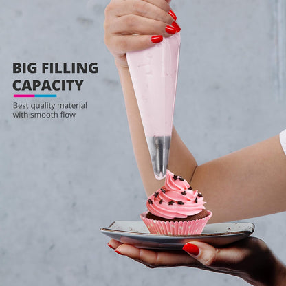 Piping Bags and Tips Set, 11.8 Inch 100 Anti Burst Piping Bags, 124 Pcs Cake Decorating Kit with 16 Piping Tips, 1 Reusable Pastry Bags, 3 Cake Scrapers, 2 Couplers, and 2 Icing Bags Ties