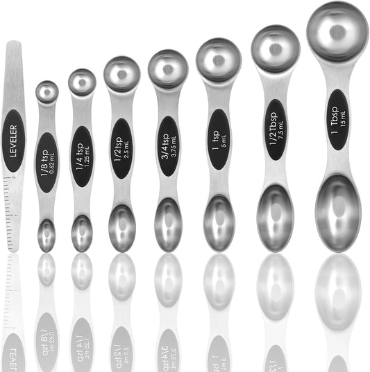 Magnetic Measuring Spoons Set of 8 with Leveler, Stainless Steel Metal Measuring Spoon, Dual Sided for Measuring Dry and Liquid Ingredients, Teaspoon Tablespoon Measure Spoons (Black)
