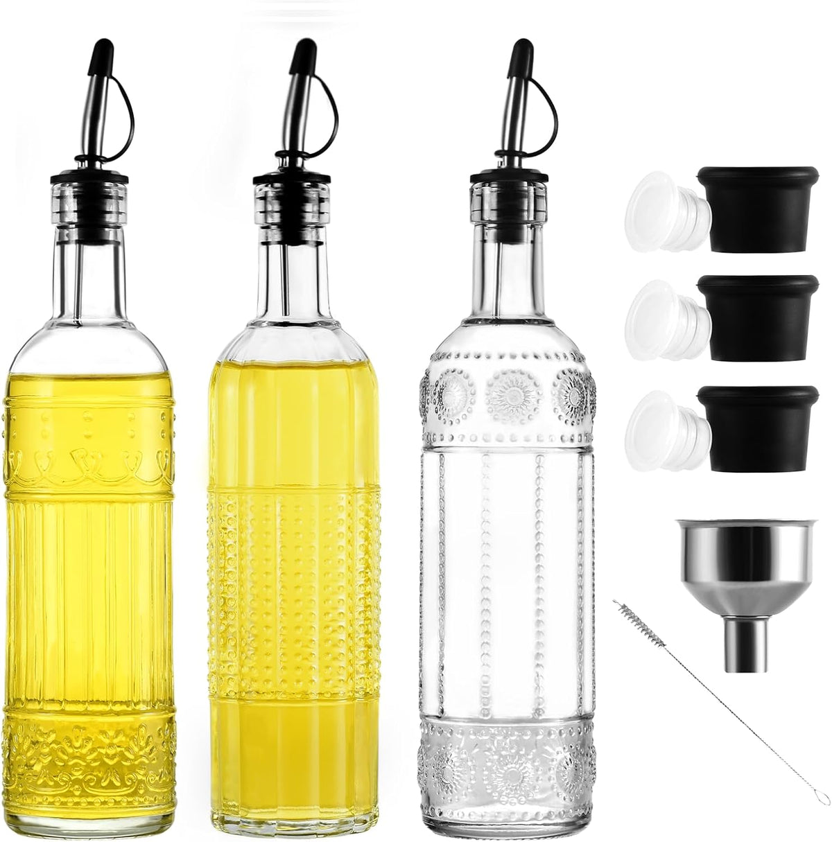 3-Pack Glass Oil Dispensers 500ML/17OZ, Oil and Vinegar Bottles Set with Stainless Steel Pourers, Brush, Funnel, Seal Caps (Round)