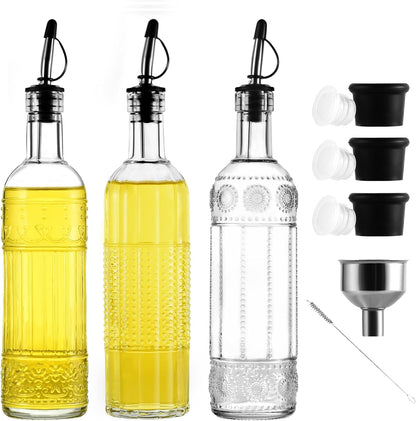 3-Pack Glass Oil Dispensers 500ML/17OZ, Oil and Vinegar Bottles Set with Stainless Steel Pourers, Brush, Funnel, Seal Caps (Round)