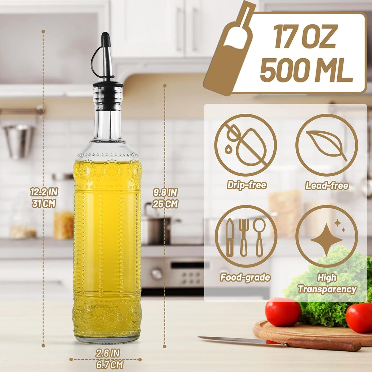 3-Pack Glass Oil Dispensers 500ML/17OZ, Oil and Vinegar Bottles Set with Stainless Steel Pourers, Brush, Funnel, Seal Caps (Round)