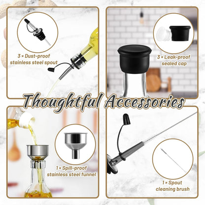 3-Pack Glass Oil Dispensers 500ML/17OZ, Oil and Vinegar Bottles Set with Stainless Steel Pourers, Brush, Funnel, Seal Caps (Round)
