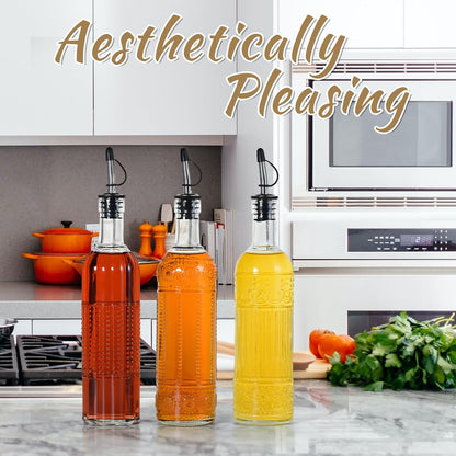 3-Pack Glass Oil Dispensers 500ML/17OZ, Oil and Vinegar Bottles Set with Stainless Steel Pourers, Brush, Funnel, Seal Caps (Round)